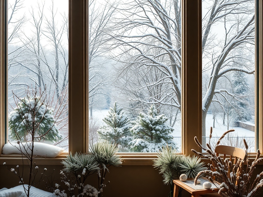 Зимний пейзаж за окном: заснеженные деревья и холмики снега, уютный интерьер с растениями и креслом.
