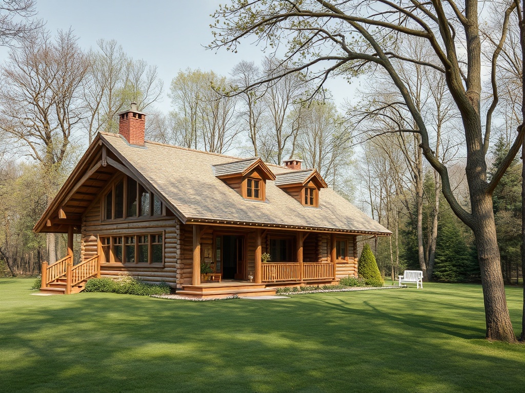 Деревянный дом с террасой на фоне зеленого газона и деревьев в тихом лесном пейзаже.