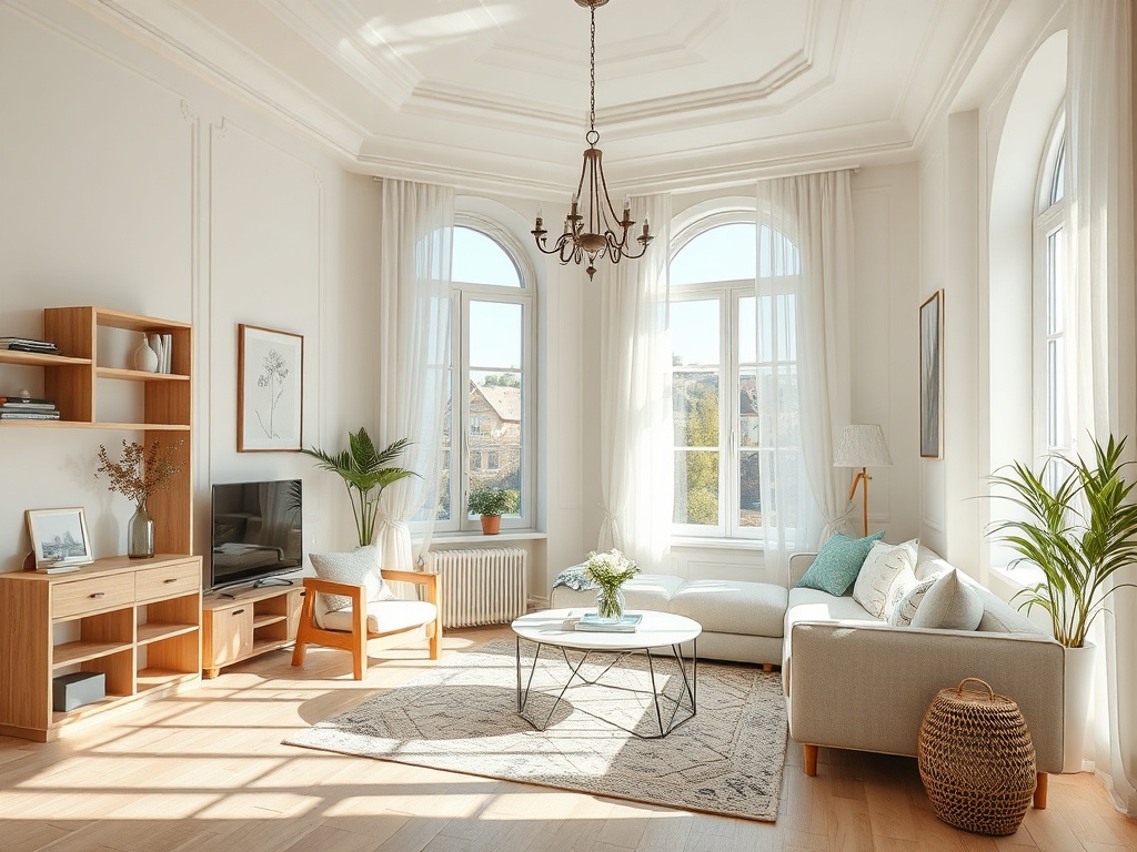 Современная гостиная с уютной мебелью, большими окнами и ярким светом. Простор и практичность в интерьере.