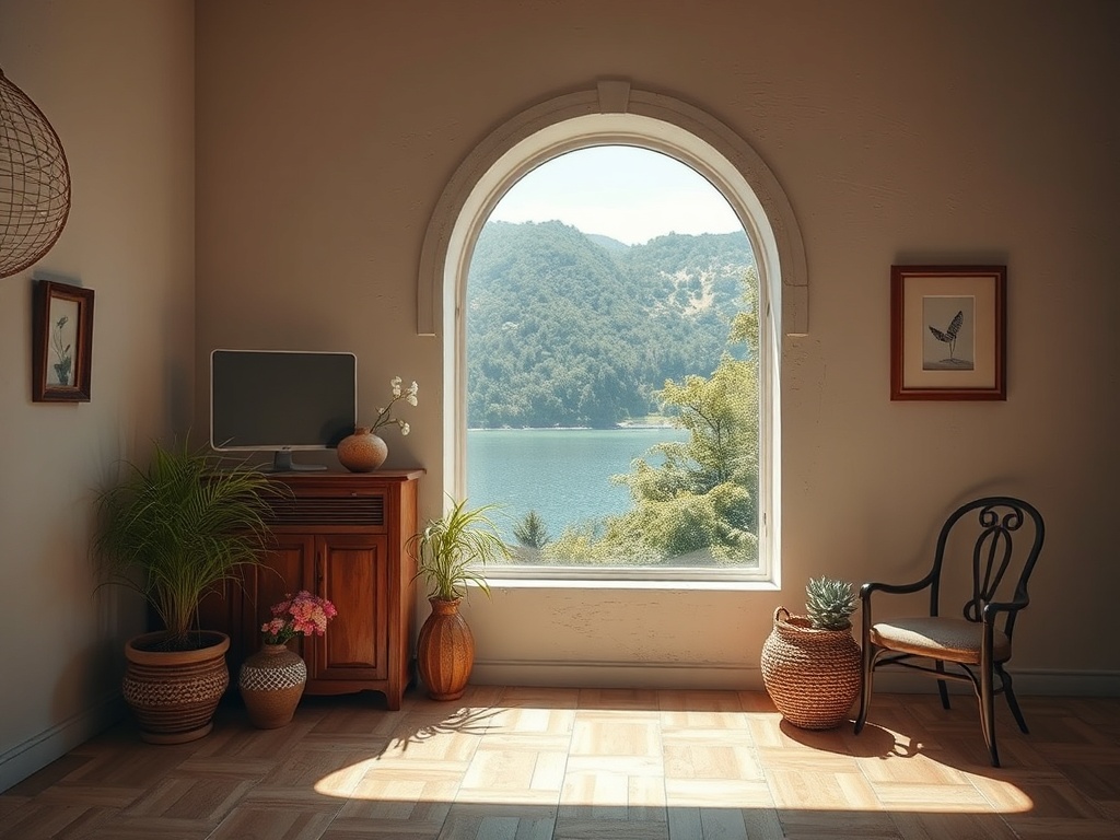 Светлая комната с окном, выходящим на озеро и горы, с мебелью и зелеными растениями. Уютная обстановка.