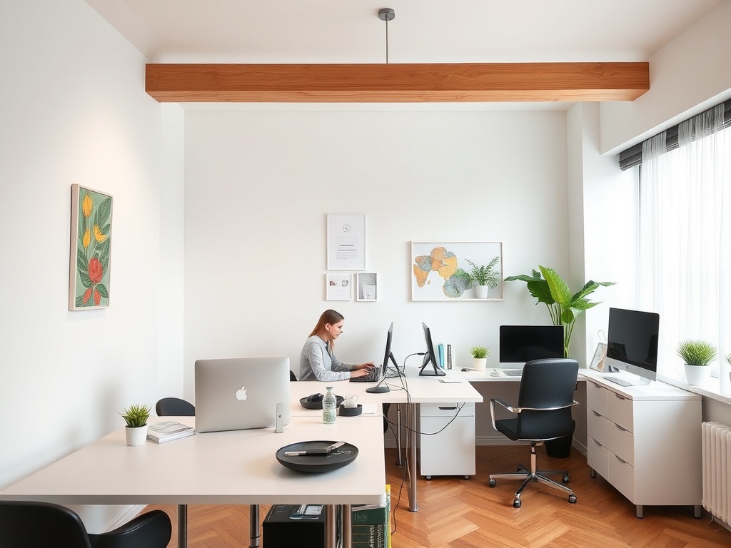 Современный офис с белыми стенами, столами, растениями и женщиной за компьютером.