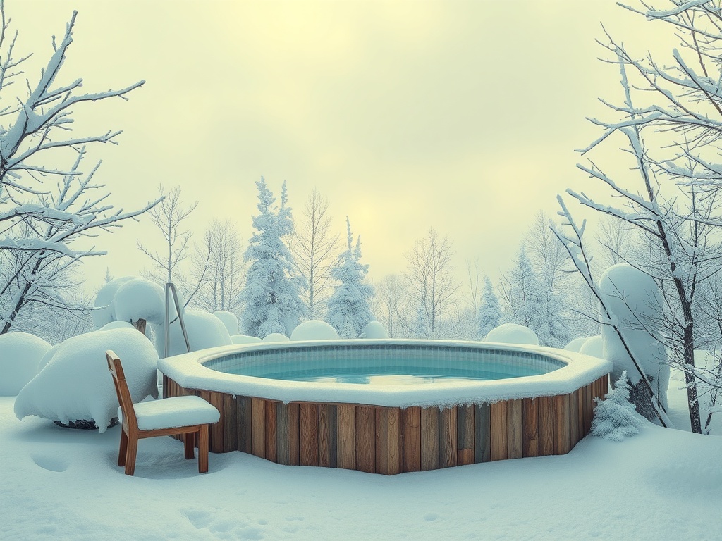 Круглый бассейн на фоне зимнего пейзажа, окруженный снежными деревьями и мягким светом.