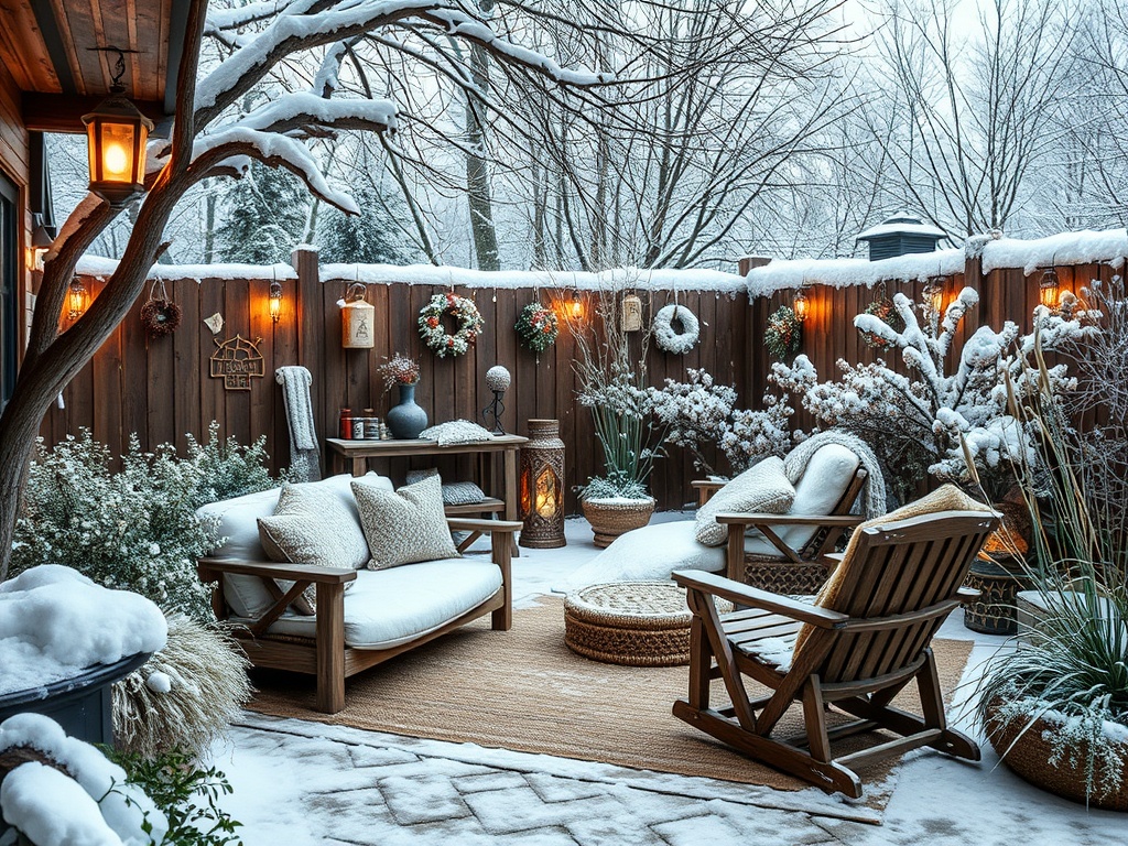 Зимний дворик с уютной мебелью, снежными деревьями и светильниками на фоне деревянного забора.
