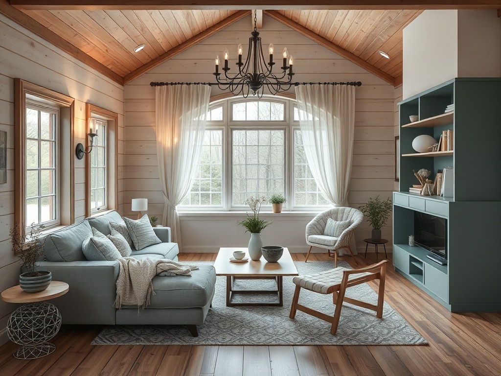 Современная гостиная с мягкой мебелью, светлыми шторами и большими окнами по бокам. Уютная атмосфера.