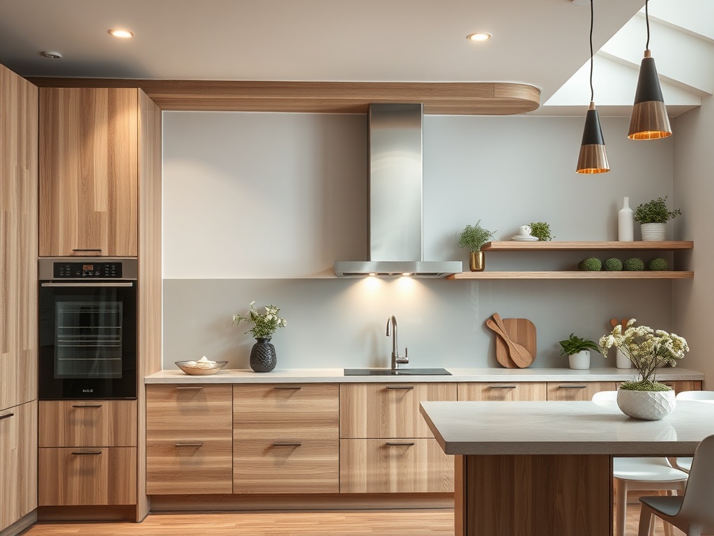 Светлая современная кухня с деревянными шкафами, растениями и стильной деревянной полкой.