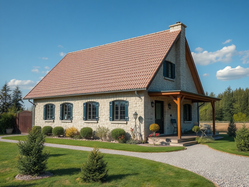 Красивая загородная каменная вилла с крышей, окруженная зеленым газоном и дорожками. Ясное небо.