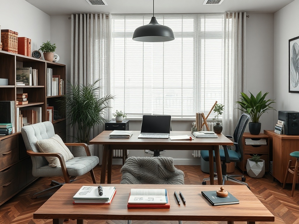 Светлый офис с деревянной мебелью, растениями и компьютерным столом у окна с жалюзи.