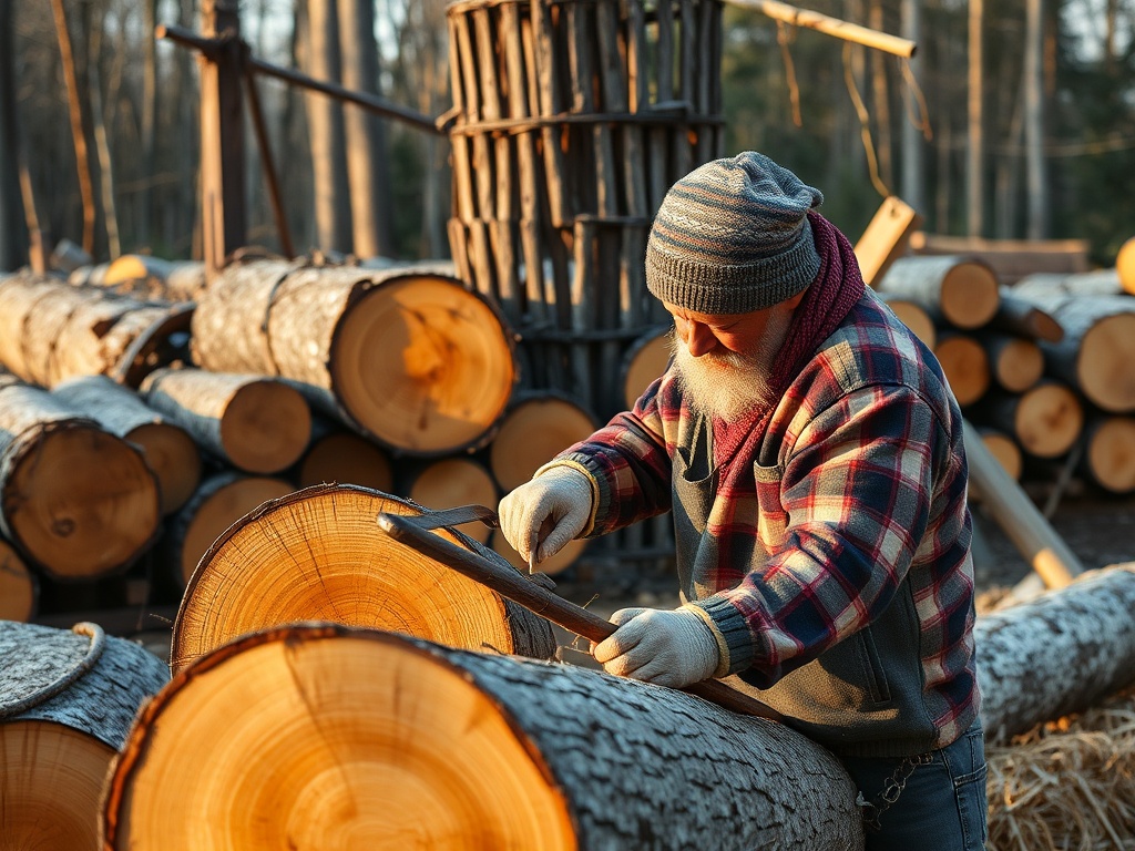 Пожилой мужчина с белой бородой строгает бревно на лесопилке, вокруг дерева и подготовленные древесные круги.