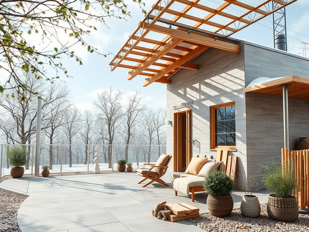 Современный дом с террасой, окружённый деревьями, в солнечный день. Уютная обстановка на свежем воздухе.