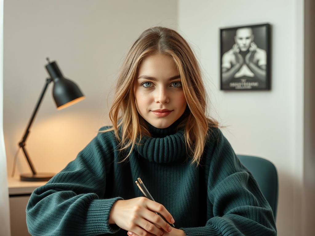 Молодая женщина с длинными волосами в свитере сидит за столом, готовая к работе. На фоне лампа и постер.