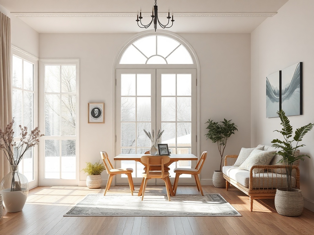 Светлая комната с большими окнами, столом, стульями и диваном, украшенная растениями и картинами.