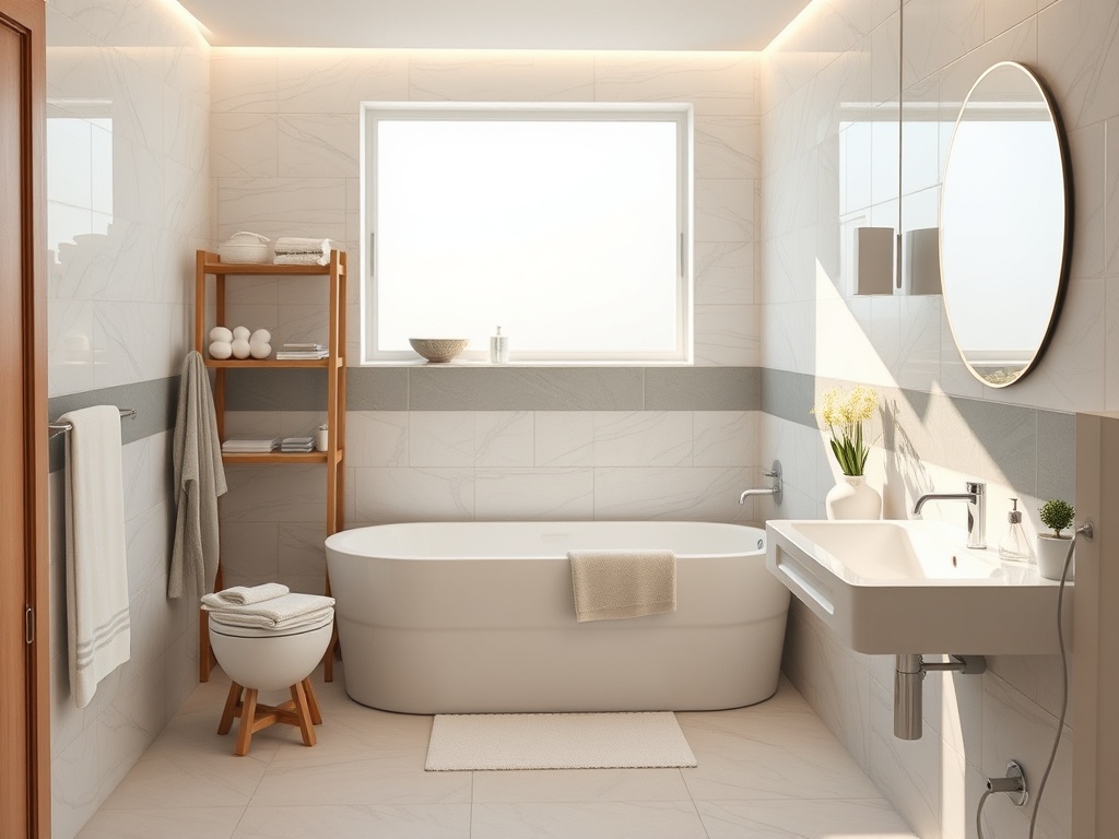 Современная ванная комната с ванной, раковиной, полками и окном, залитая естественным светом.