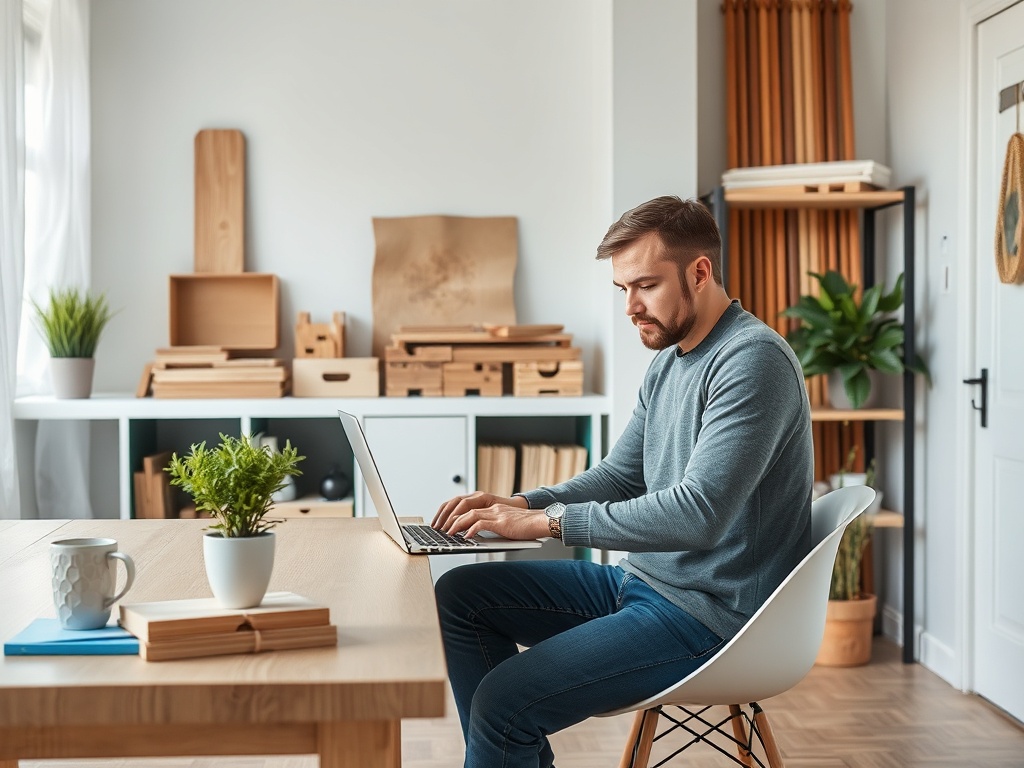 Молодой человек работает за ноутбуком в современном интерьере с растениями и деревянными ящиками.