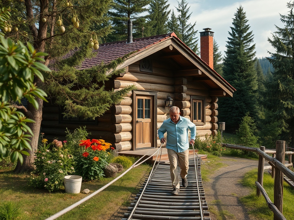 Человек на деревянном мостике рядом с домом в лесу, окружённым зеленью и цветами. Тёплый солнечный день.