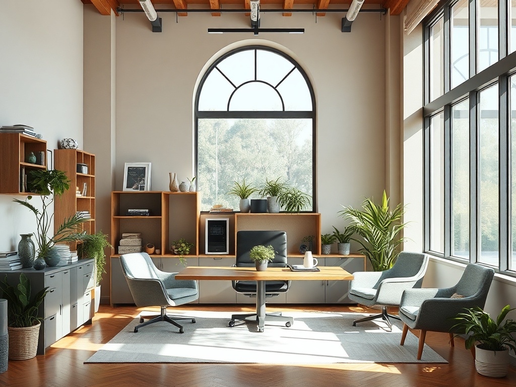 Современный офис с большими окнами, деревяной мебелью и зелеными растениями. Уютная атмосфера для работы.