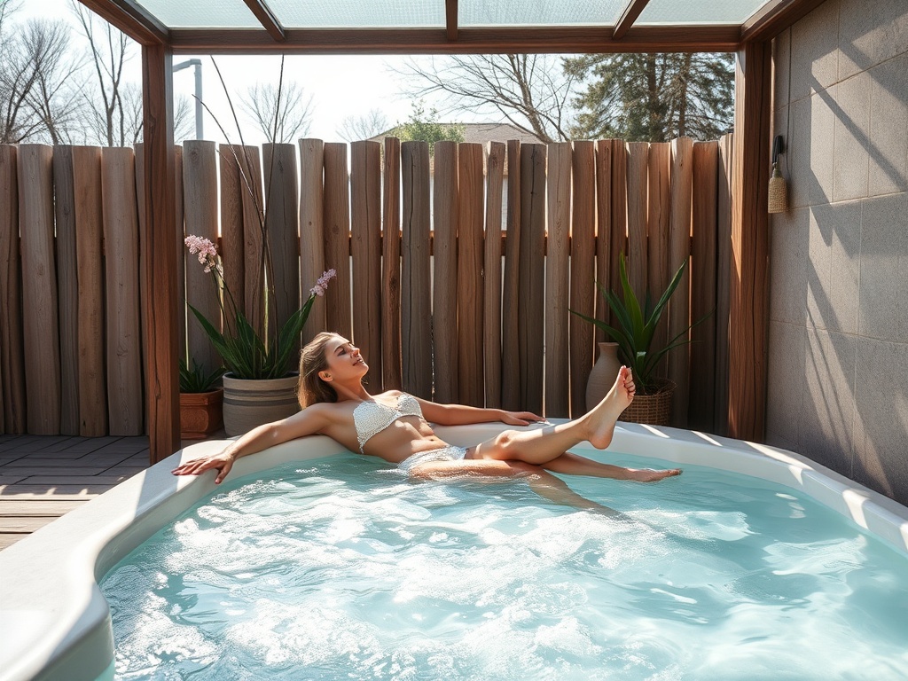 Женщина в белом купальнике отдыхает в джакузи на фоне деревянного забора и растительности. Солнечный день.