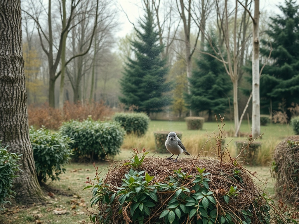 Птица сидит на кусте в парке, окружённом зелеными растениями и деревьями. Осень, серое небо.