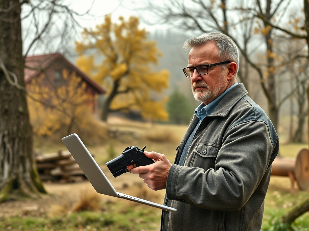Пожилой человек с компьютером и пистолетом на фоне осеннего пейзажа.