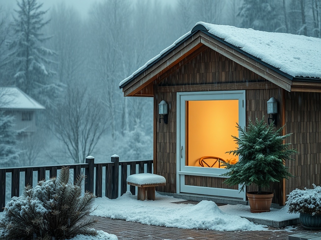 Зимний пейзаж с уютным домиком и оранжевым светом, окружённым снегом и тихими деревьями.