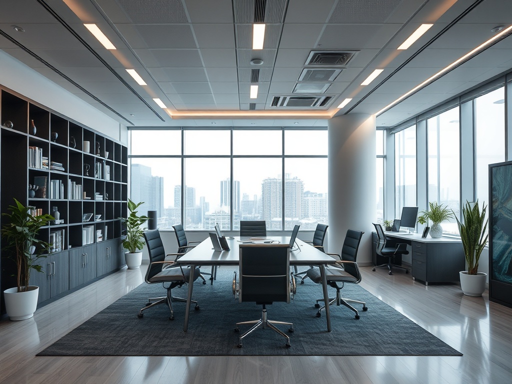 Современный офис с большими окнами и стильной мебелью. Вид на город через стеклянные стены.