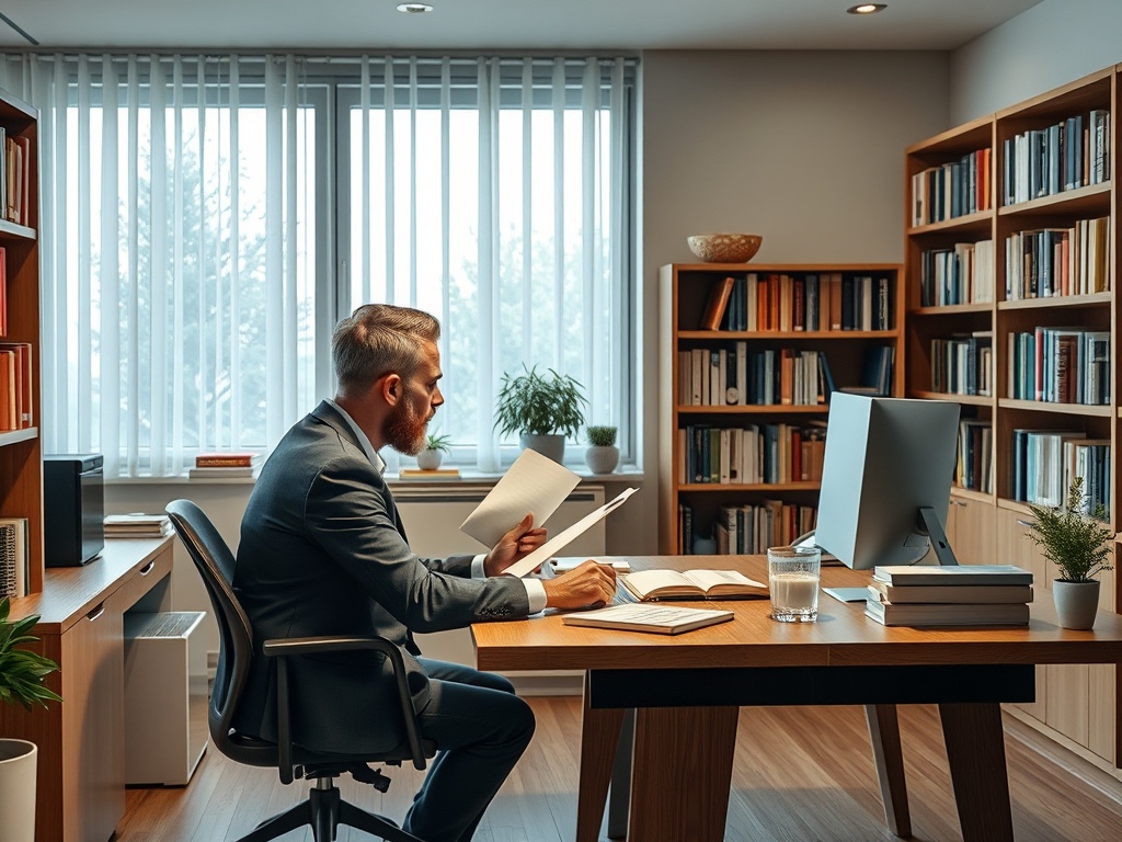 Мужчина в костюме читает книгу за столом в уютном кабинете с библиотекой и компьютером.