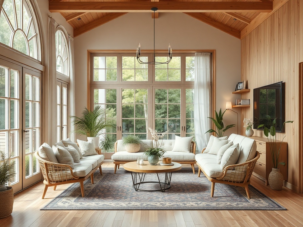 Современная гостиная с большими окнами, мягкой мебелью и зелеными растениями на фоне деревянных стен.