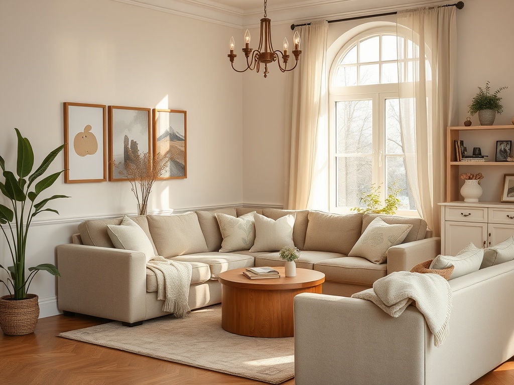 Уютная гостиная с мягким диваном, круглый стол, окна с легкими шторами и зелёный растением в углу.