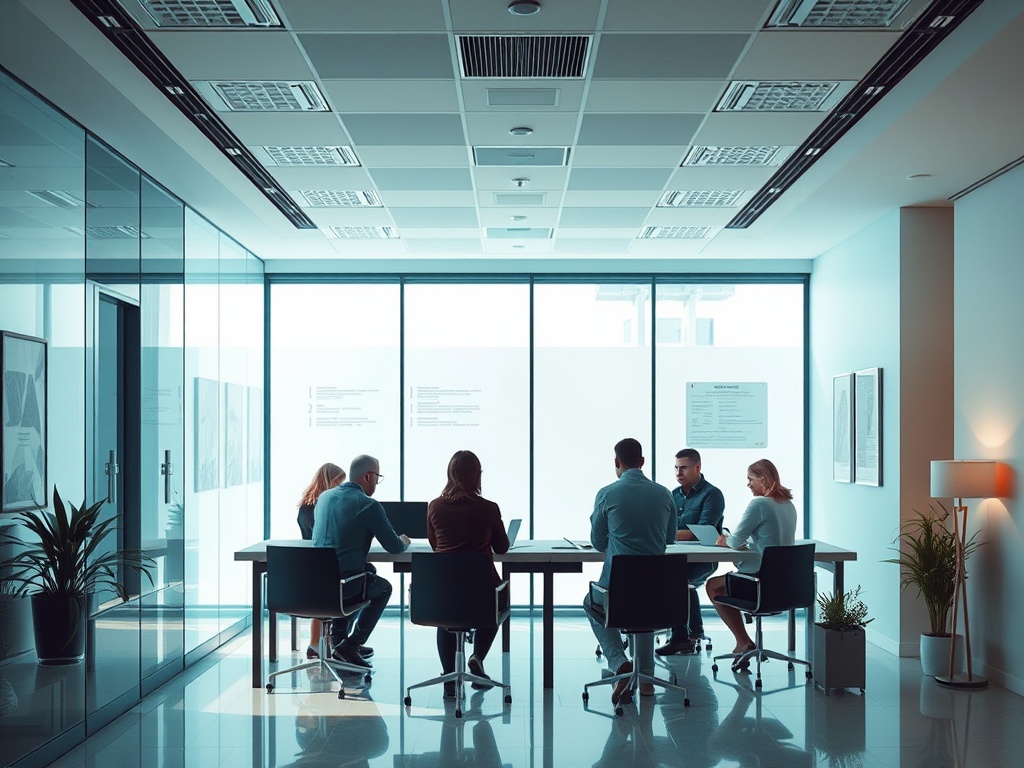 Группа людей на деловой встрече в офисе, обсуждают вопросы за столом у большого окна.