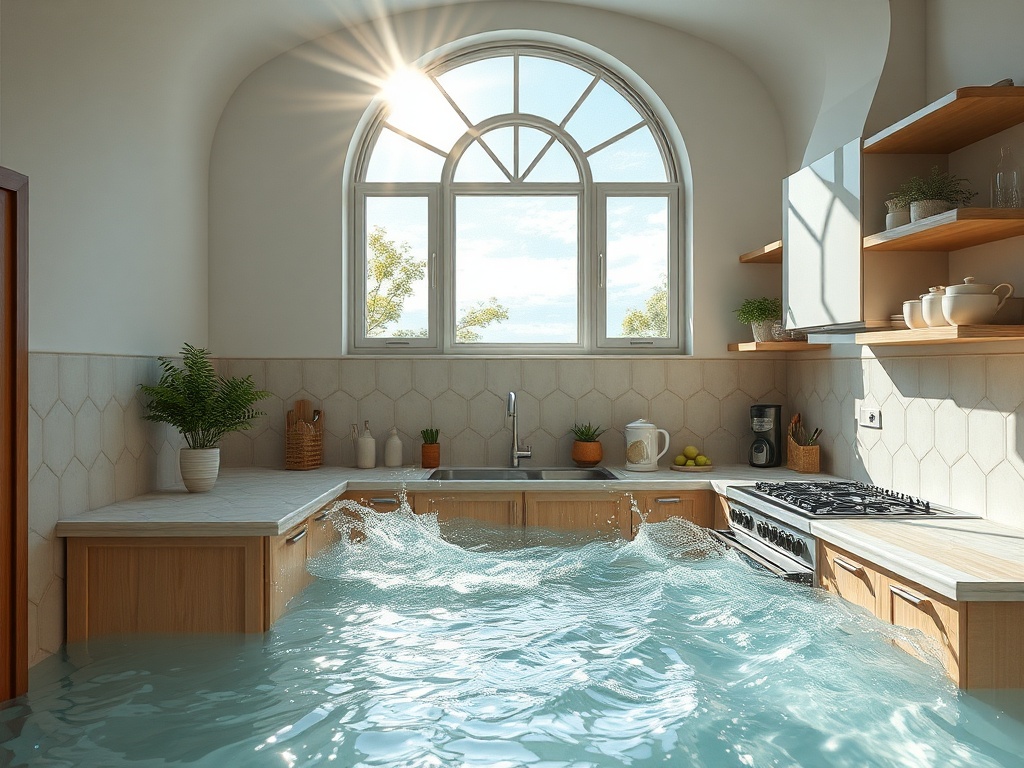 Кухня в солнечном свете, наполненная водой, с окнами и зелеными растениями на столах.