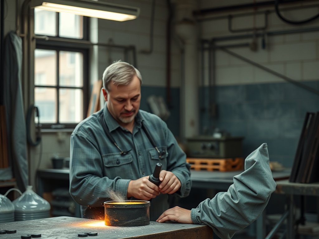 Рабочий в мастерской уделяет внимание процессу обработки металла. Искры и инструменты вокруг.