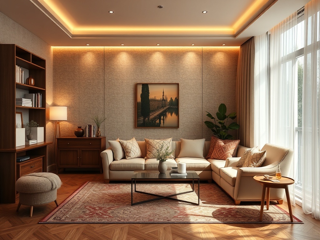 Современная гостиная с уютной мебелью, картинами на стенах и ярким освещением.