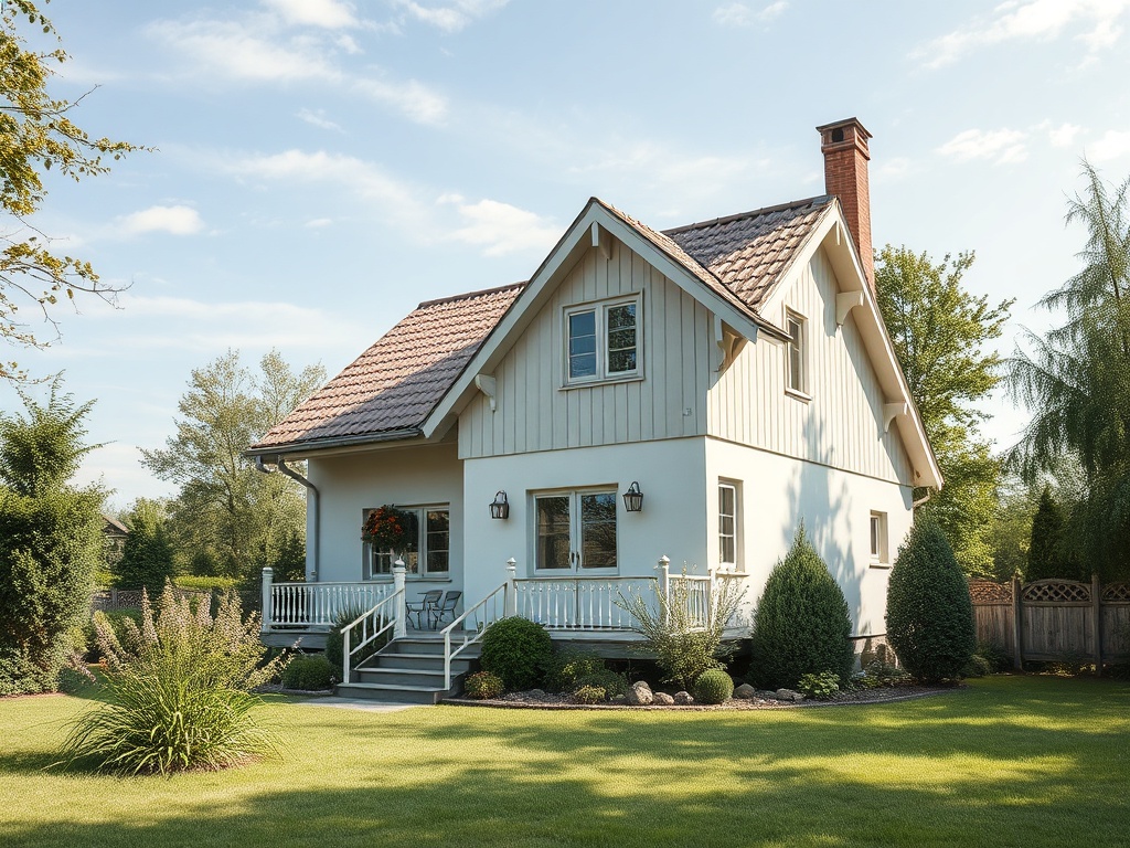 Красивая дача с садом, светлая фасадная часть с террасой и зелеными насаждениями вокруг.