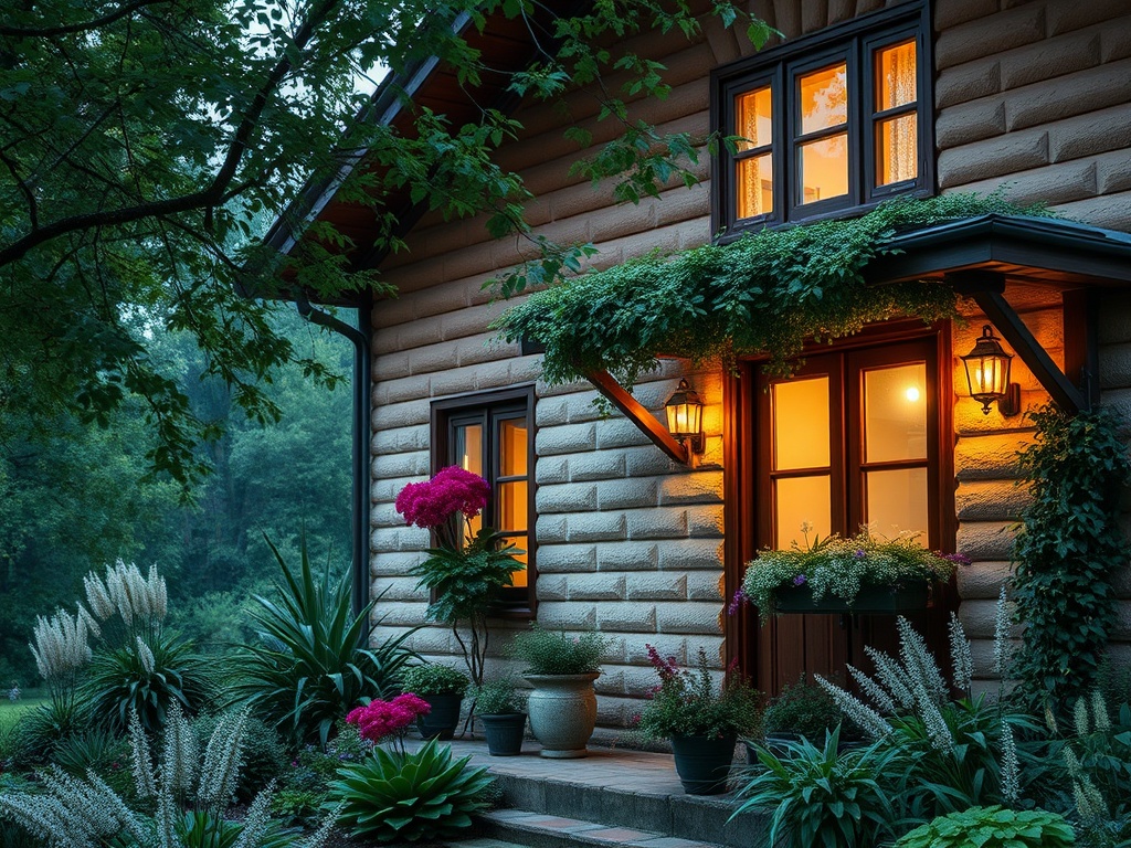 Уютный дом с подсветкой, окружённый зелёными растениями и цветами, в спокойной вечерней атмосфере.