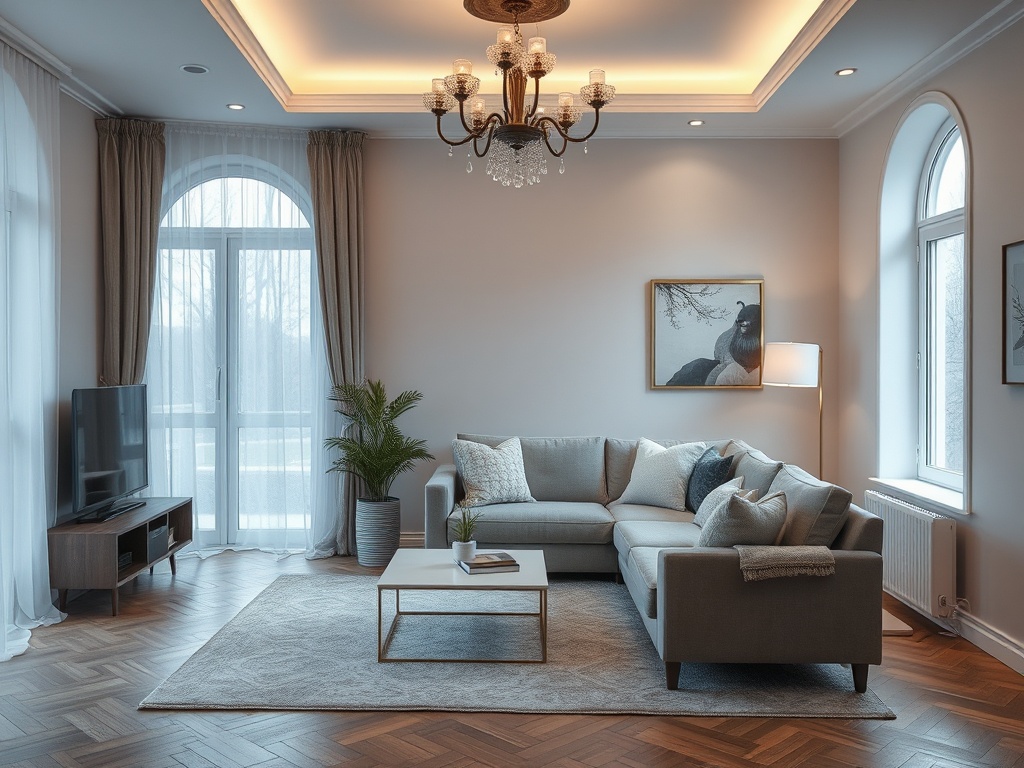 Современный интерьер светлой гостиной с диваном, телевизором и окнами, наполненными естественным светом.