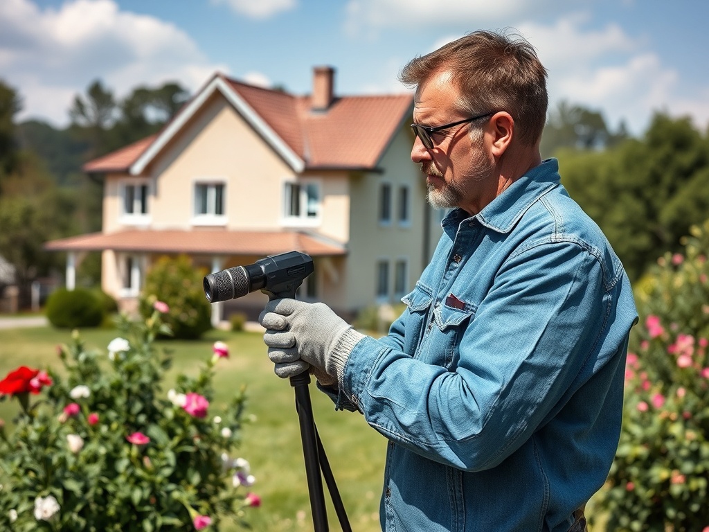 На изображении мужчина в джинсовой куртке с камерой стоит на фоне дома и цветочного сада.