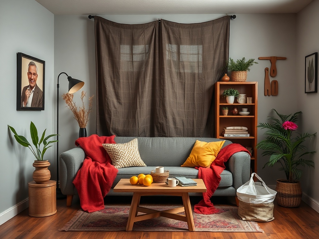 Уютная гостиная с серым диваном, настольной лампой, книжным шкафом и растениями. Тёплые текстильные акценты.