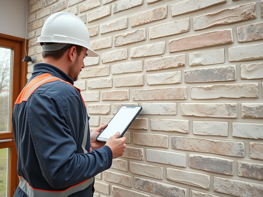 Рабочий в каске проверяет кирпичную стену с помощью планшета в помещении.