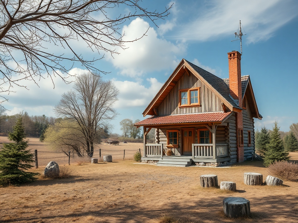 Деревянный дом с красной крышей на фоне весеннего пейзажа и голубого неба.