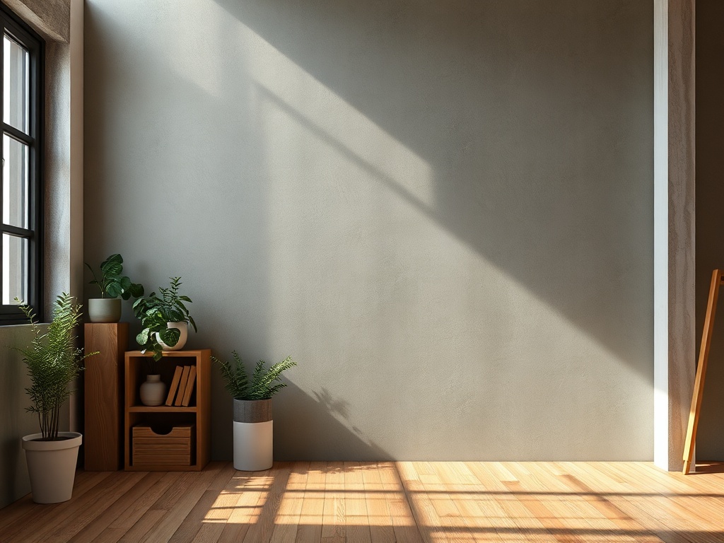 Светлая комната с деревянным полом, растениями и книжными полками у стены, солнечный свет падает на пол.