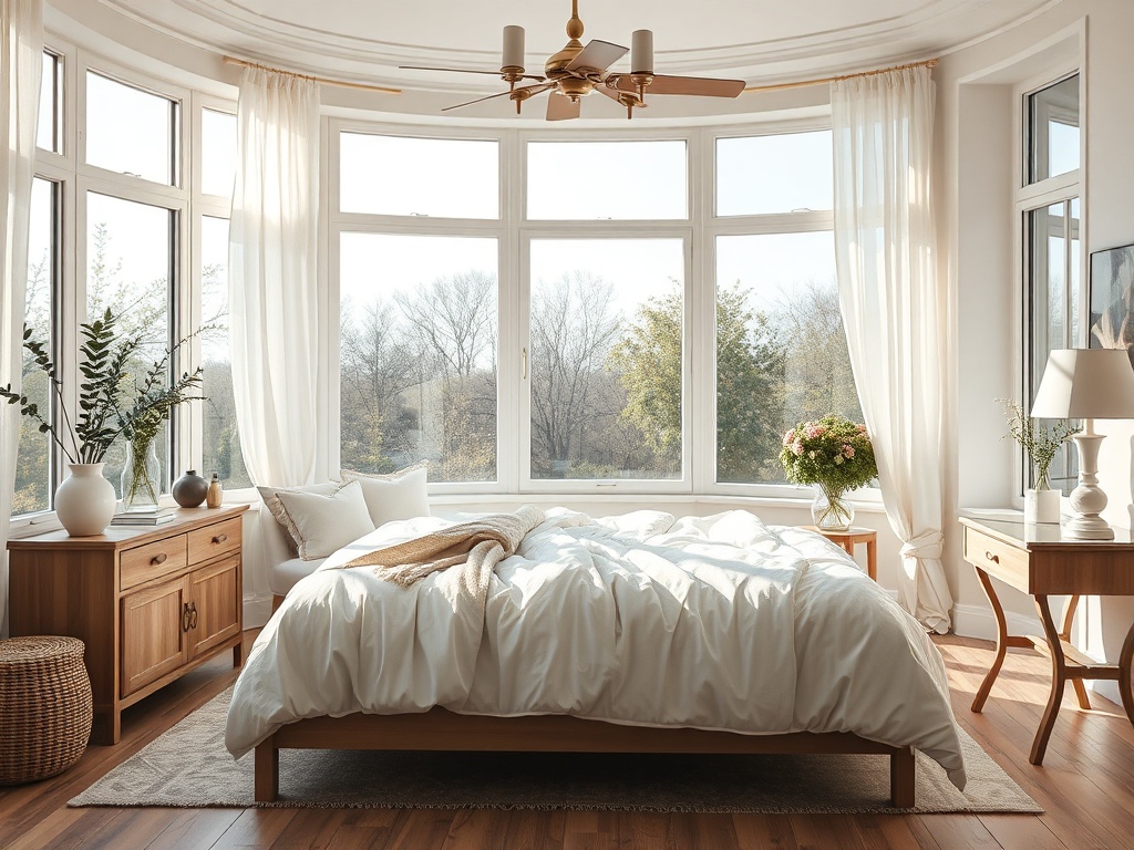 Светлая спальня с окном в пол, кроватью и деревянной мебелью, утренний свет и зелень за окном.