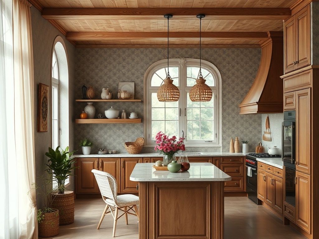 Современная кухня с деревянными шкафами, светлым столом и зелеными растениями на фоне больших окон.