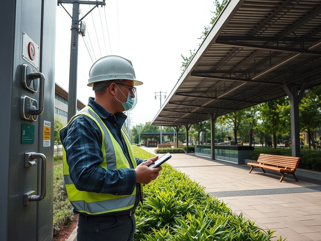 Человек в каске и жилете стоит с телефоном в руках рядом с зелеными насаждениями и скамейками.
