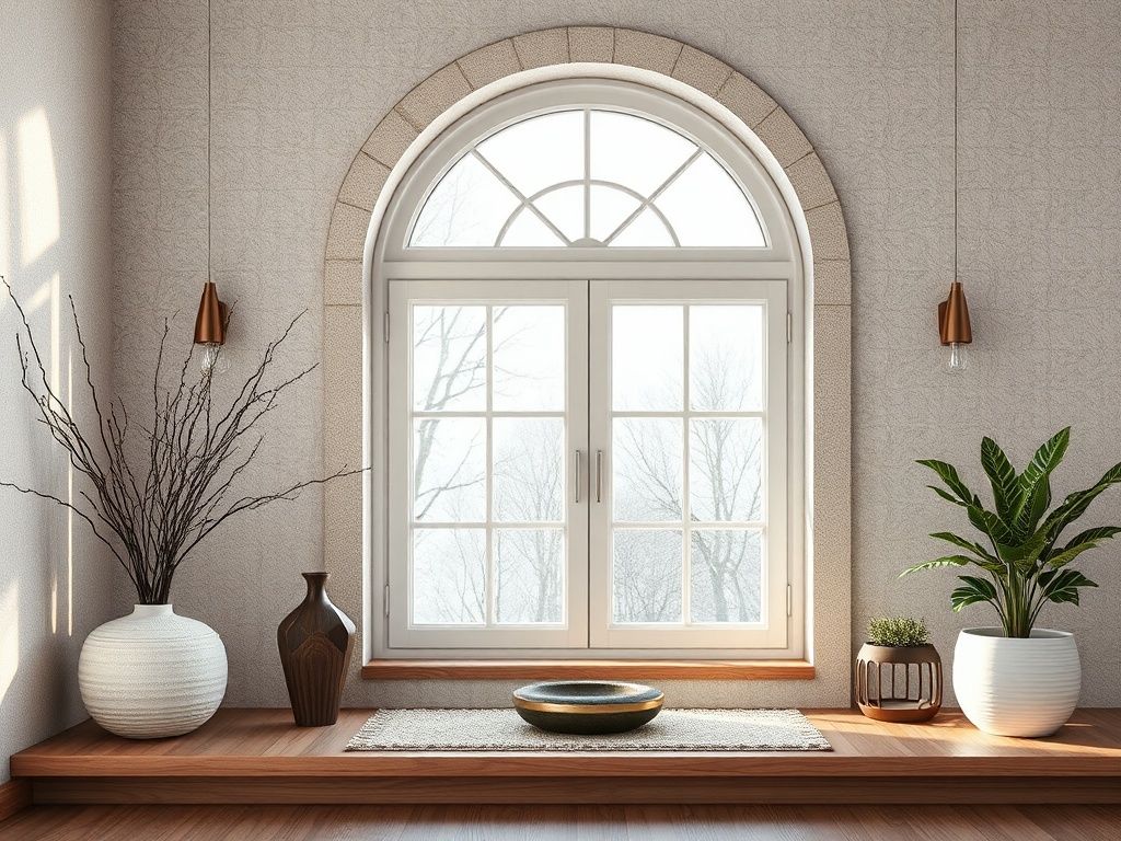 Уютный интерьер с окном, растениями и декором на деревянном подоконнике. Мягкое освещение.